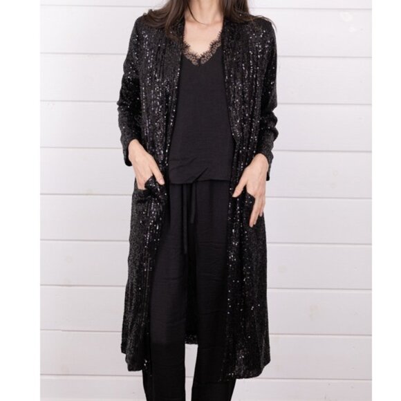 BB DAKOTA Sz M Black Showstopper Sequin Duster - Picture 8 of 12